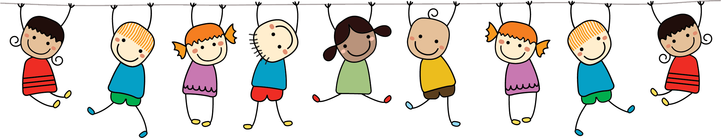 Cartoon kids hanging from a line